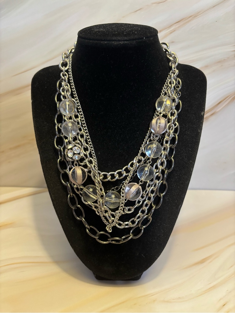 Vera Wang Layered Silver & Gunmetal-Tone Necklace with Clear Bead Accents 16”+3”